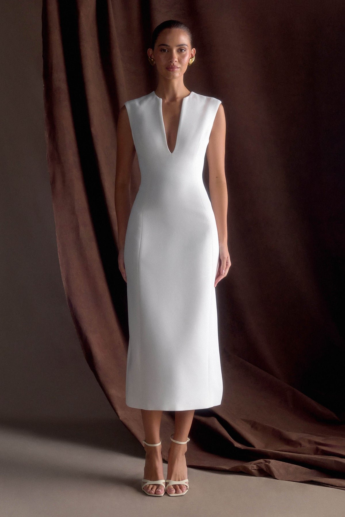 Audrine Suiting Sleeveless Midi Dress Ivory