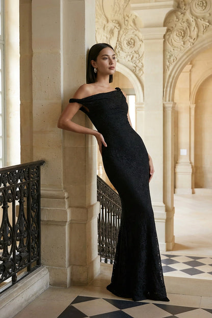 Afina Black Lace Asymmetric Neck Maxi Dress