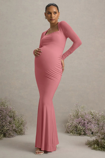 Abeam Blush Pink Maternity Maxi Dress With Sheer Sleeves