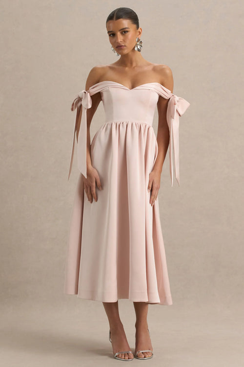 Agafay Rose Pink Satin Short Sleeve Bardot Wrap Midi Dress With Bow Detail