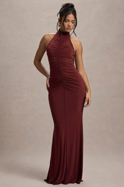 Arietta Port High Neck Ruched Fishtail Maxi Dress
