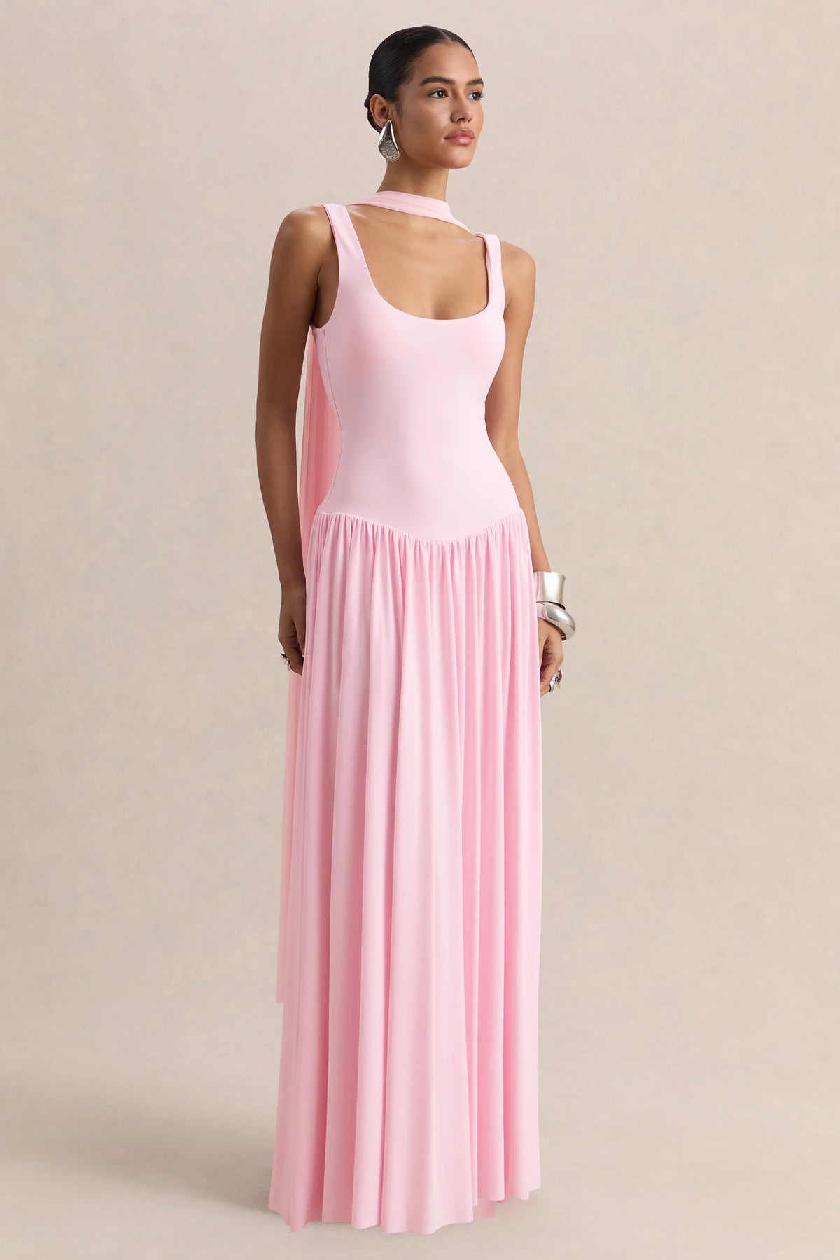 Aurina Pink Square Neck Maxi Dress With Scarf Detail
