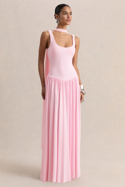 Aurina Pink Square Neck Maxi Dress With Scarf Detail