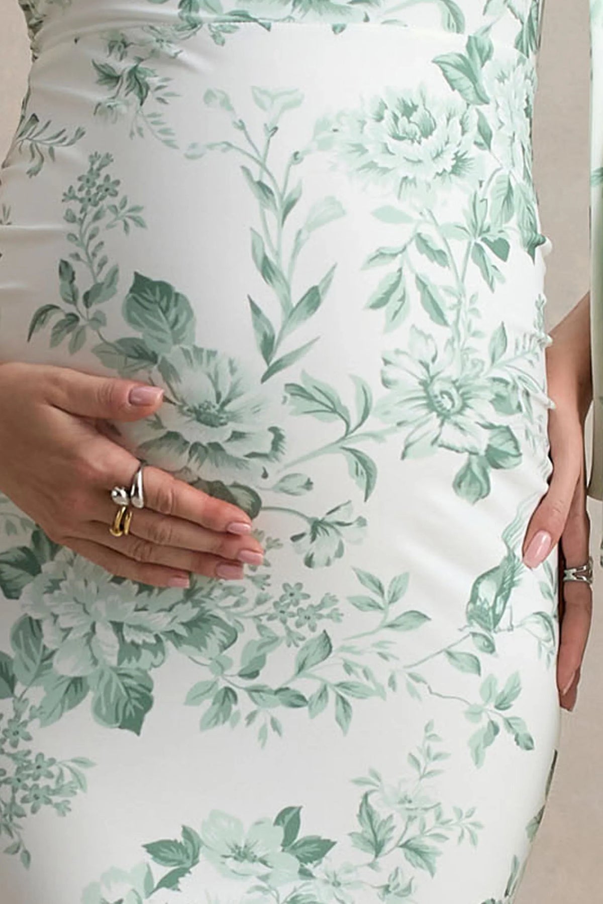 Aliana Green Porcelain Print Asymmetric Maternity Maxi Dress With Ruched Detailing