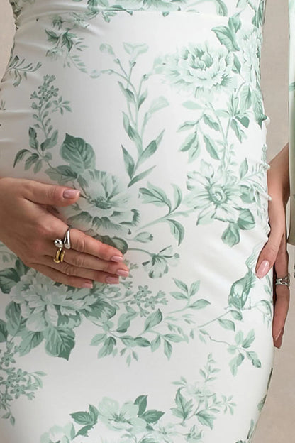Aliana Green Porcelain Print Asymmetric Maternity Maxi Dress With Ruched Detailing