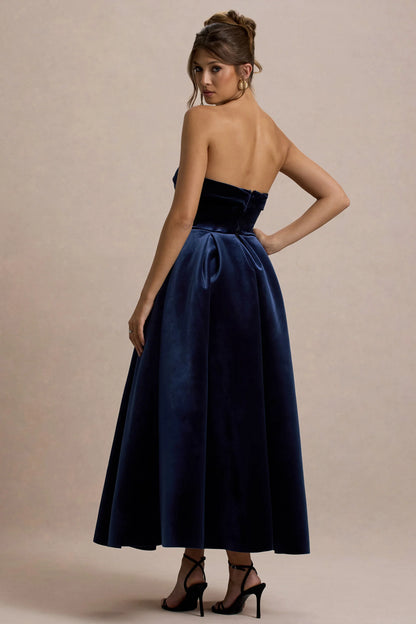 Addina Navy Velvet Bandeau Skater Midi Dress