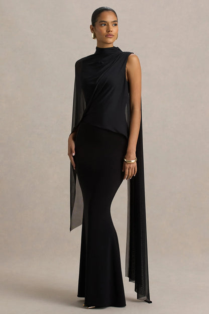 Amour Black High Neck Maxi Dress With Cape Sleeve Detail