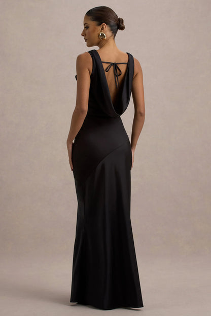 Alesso Black Satin Cowl Neck Slip Maxi Dress