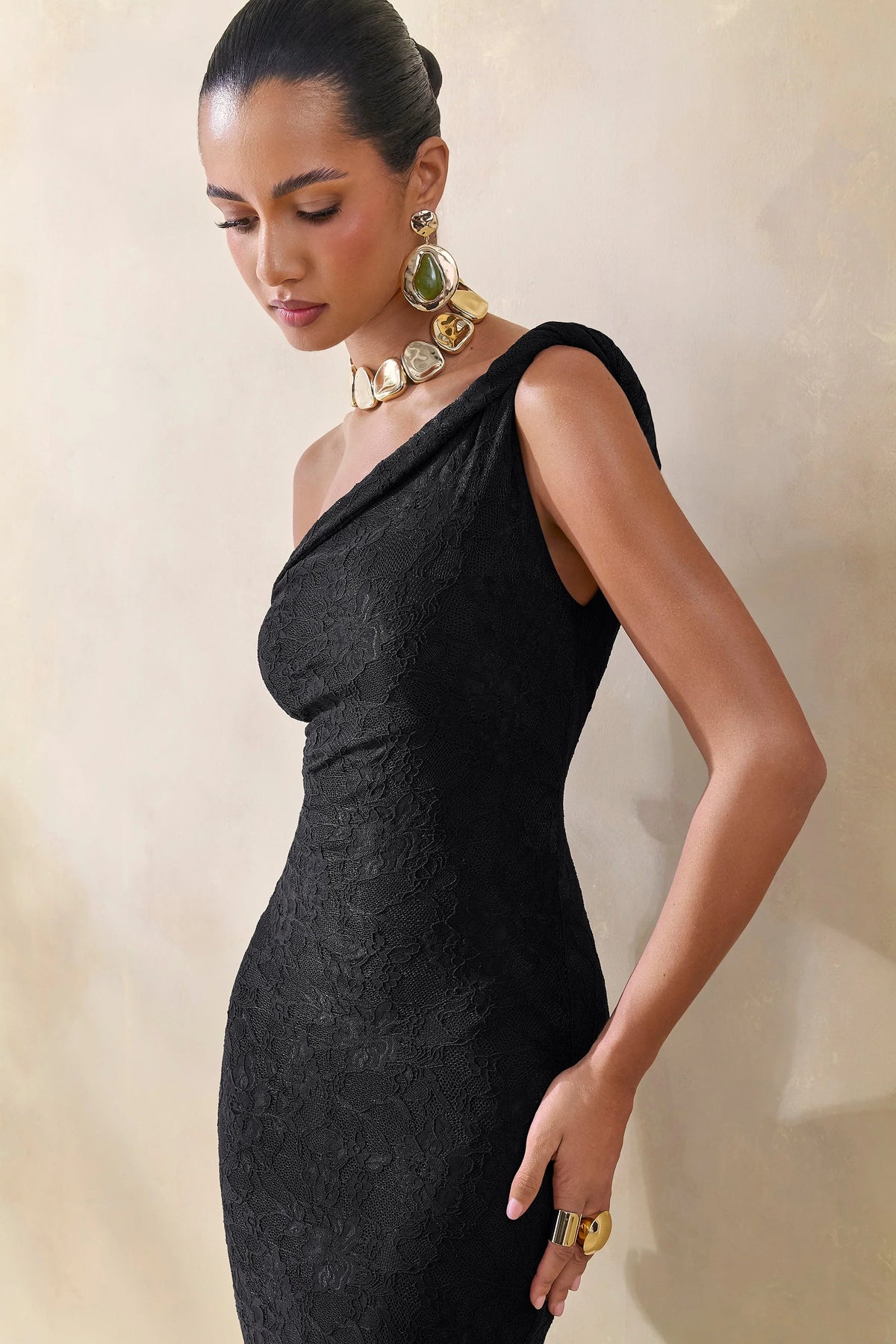 Afina Black Lace Asymmetric Neck Maxi Dress