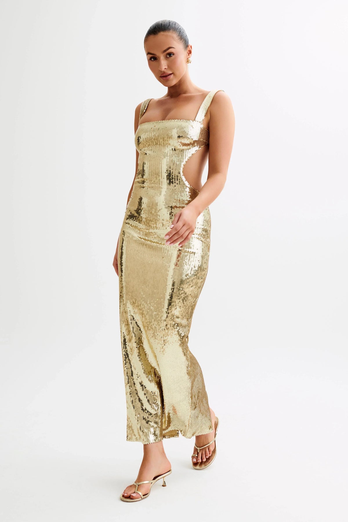 Adoria Sequin Cut Out Maxi Dress Gold