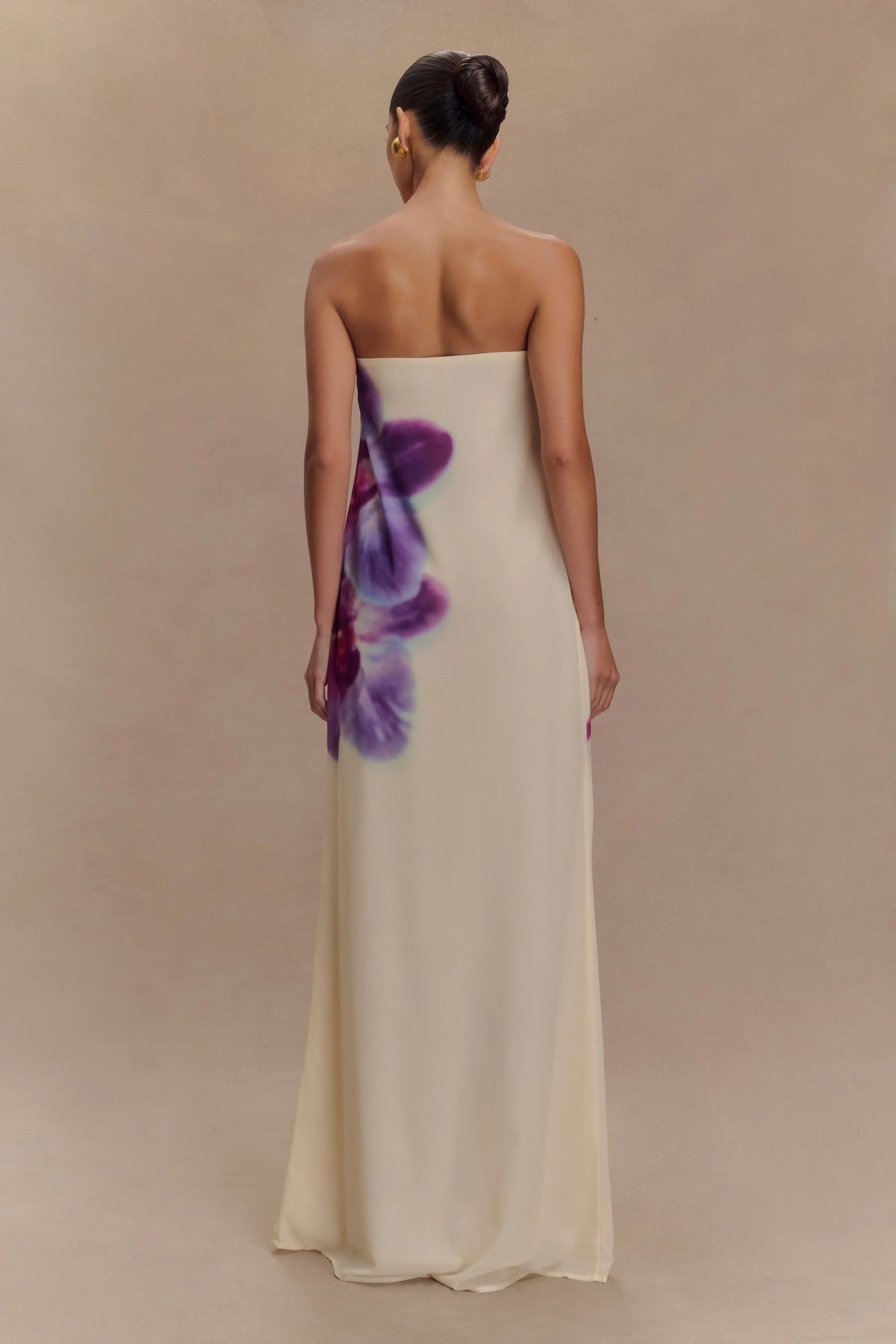 Amaya Strapless Chiffon Maxi Dress Ivory Koi Orchid Print