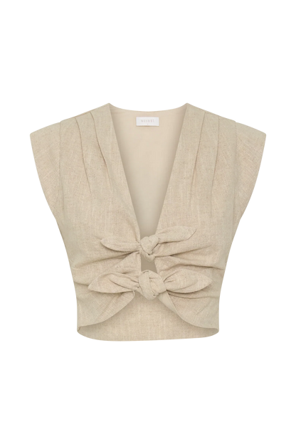 Anahita Linen Front Bows Short Sleeve Top Natural