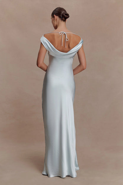 Ashley Cowl Neck Lace And Satin Maxi Dress Ice Blue