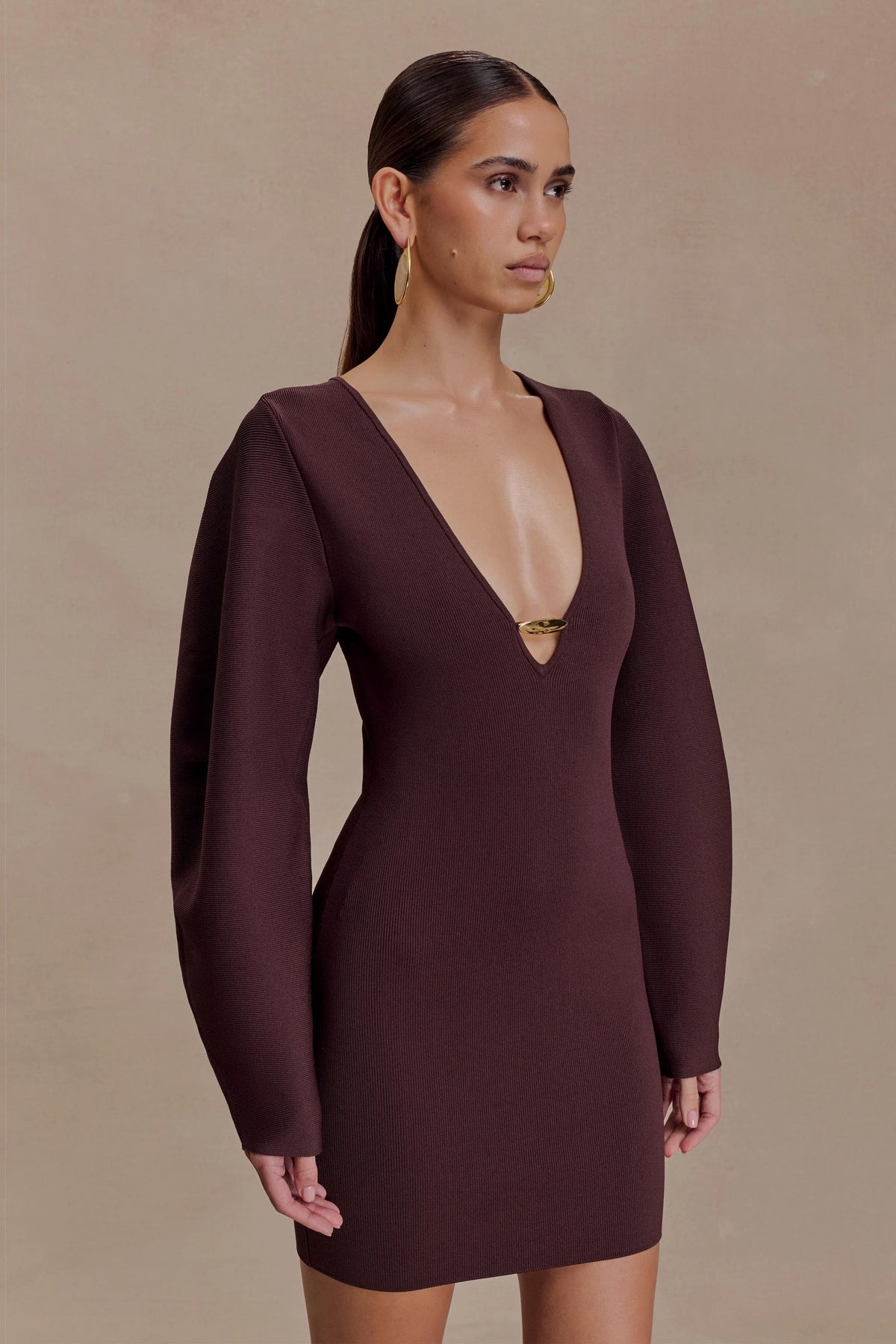 Billy Balloon Sleeve Knit Mini Dress Dark Chocolate
