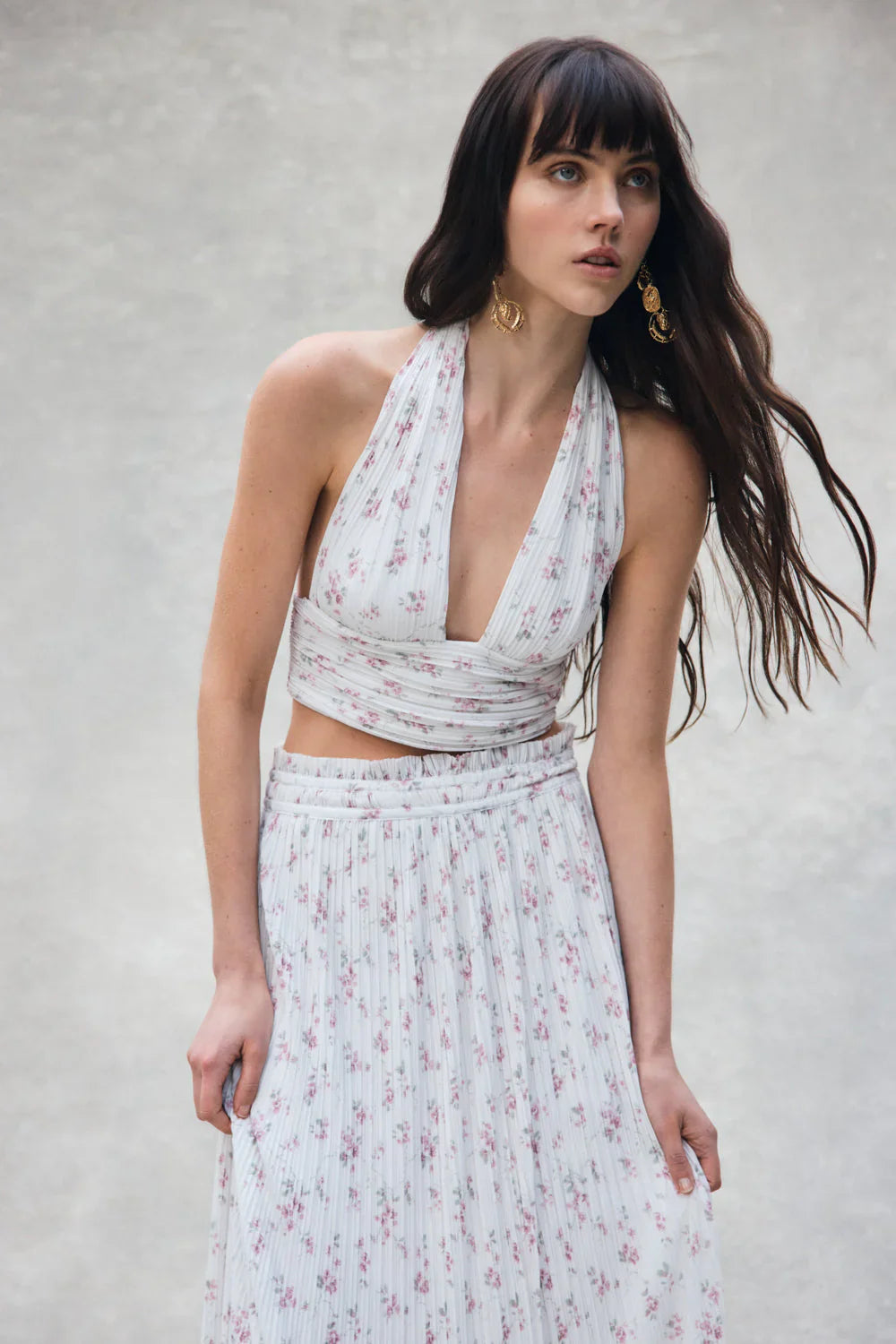 Amaris Sleeveless Plisse Halter Top Floral Ditsy Print