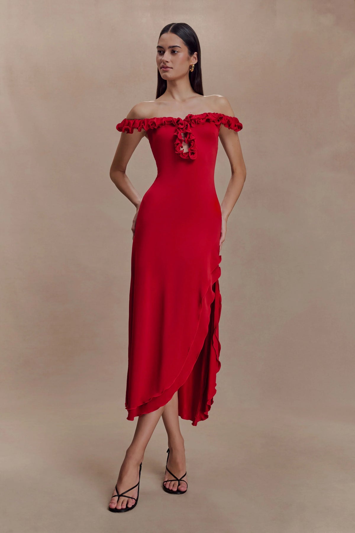 Allegra Off Shoulder Ruffle Midi Dress Ruby