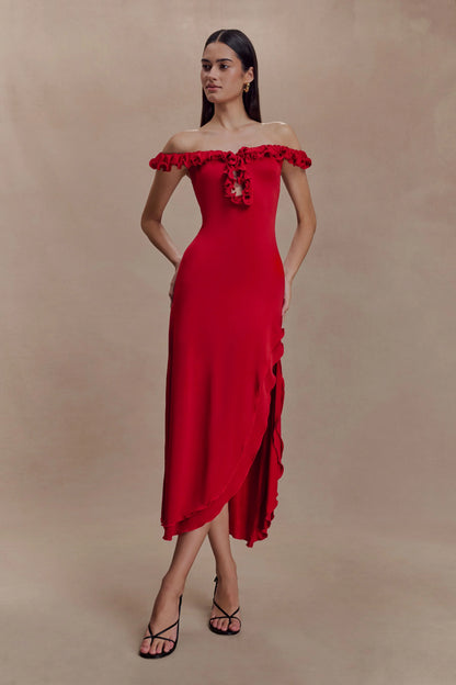 Allegra Off Shoulder Ruffle Midi Dress Ruby