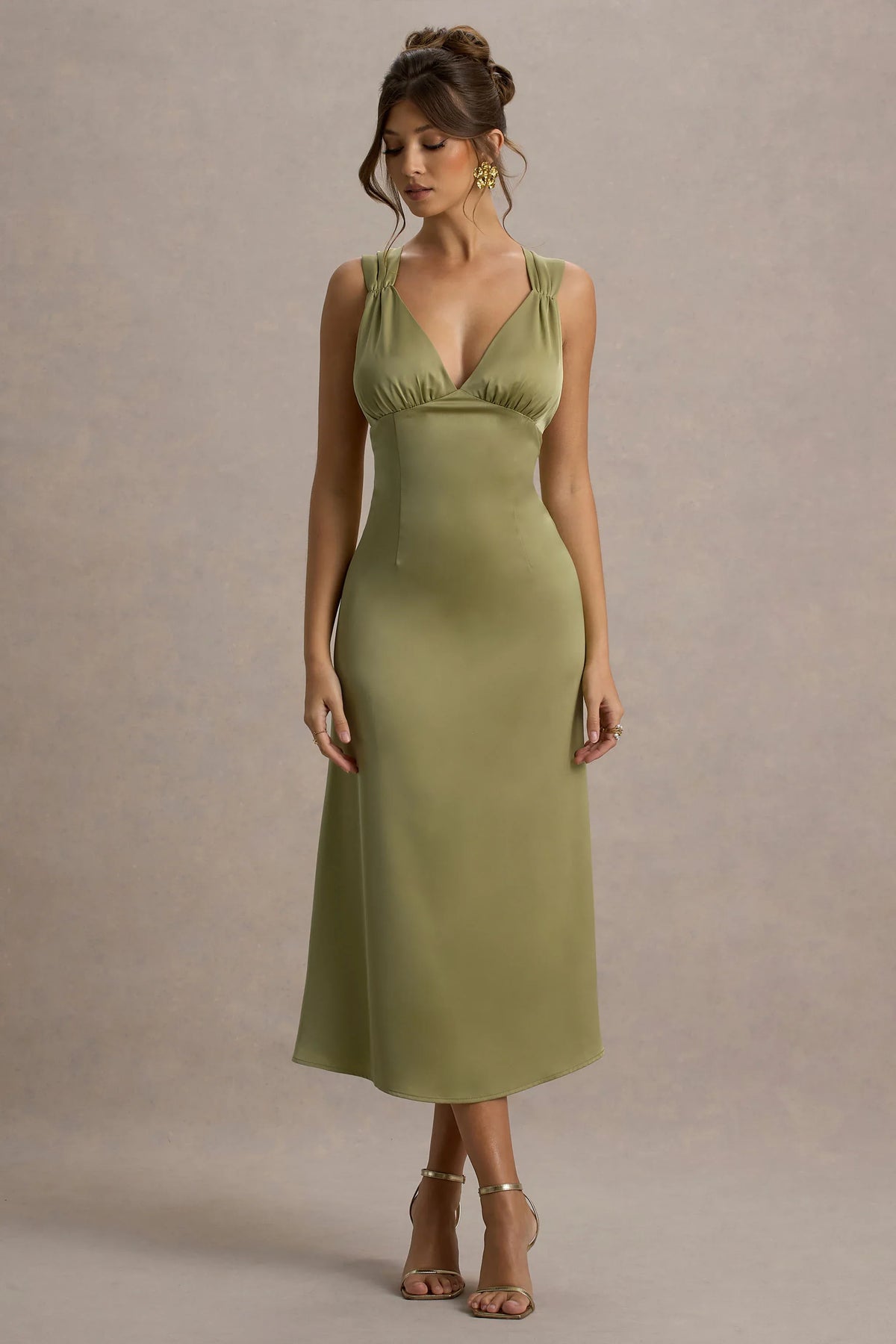 Beck Light Green Satin Plunge Neck Cross Back Midi Dress