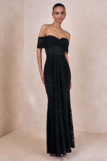 Aries Black Lace Bardot Neck Maxi Dress With Gathered Detailing
