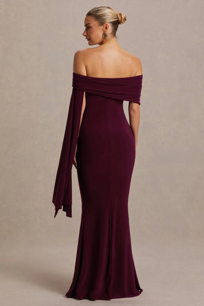 Aquila Burgundy Bardot Maternity Maxi Dress With Draped Detail