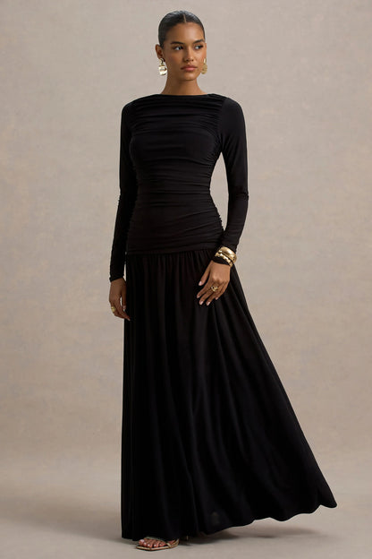 Aniyah Black High Neck Maxi Dress With Ruched Detailing
