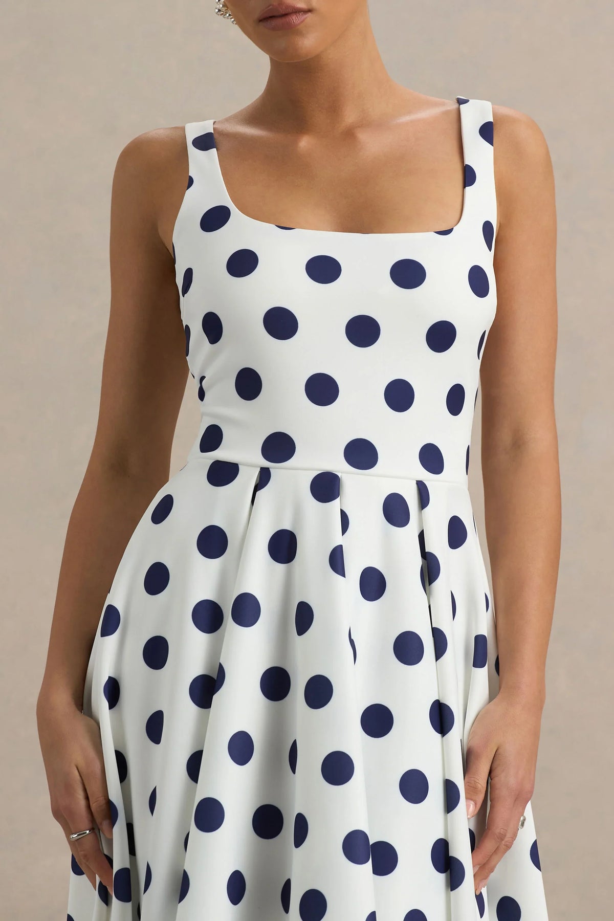 Berta White And Navy Polka Dot Square Neck Midi Dress