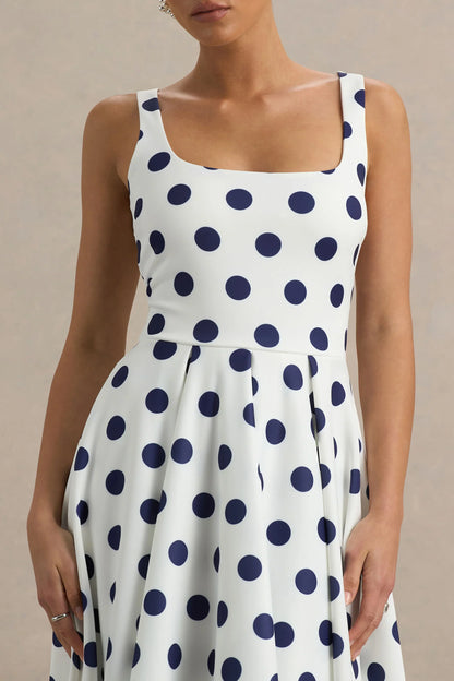 Berta White And Navy Polka Dot Square Neck Midi Dress