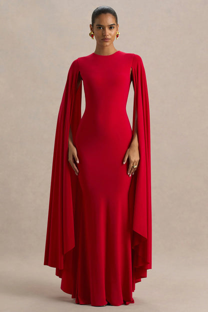 Briony Red Crew Neck Maxi Dress With Cape Sleeves