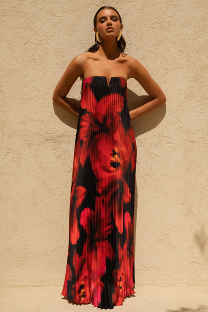 Bergamot Black And Red Floral Print Satin Sweetheart Maxi Dress