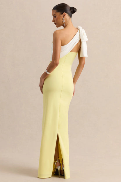 Adara Lemon White Asymmetric Neck Maxi Dress With Bow Detail