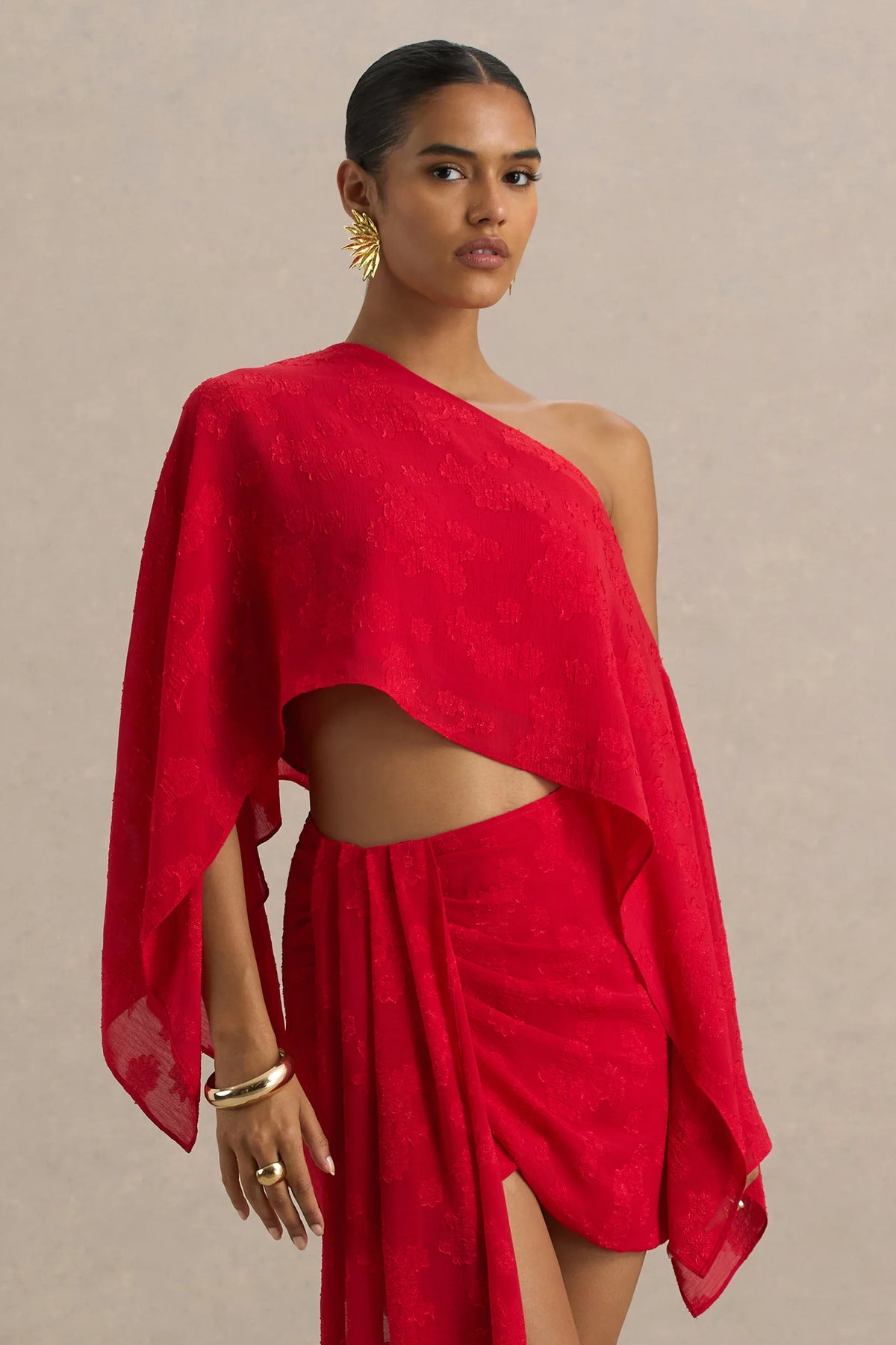 Aruba Red Satin Devore Asymmetric Long Sleeve Crop Top