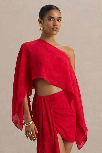 Aruba Red Satin Devore Asymmetric Long Sleeve Crop Top