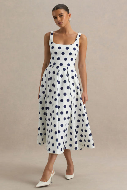 Berta White And Navy Polka Dot Square Neck Midi Dress