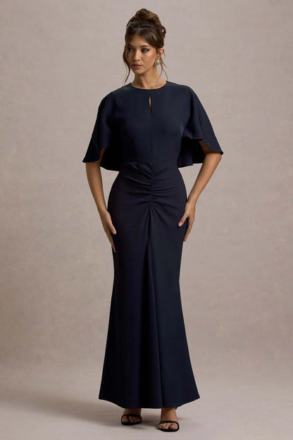 Allison Navy High Neck Maxi Dress With Cape