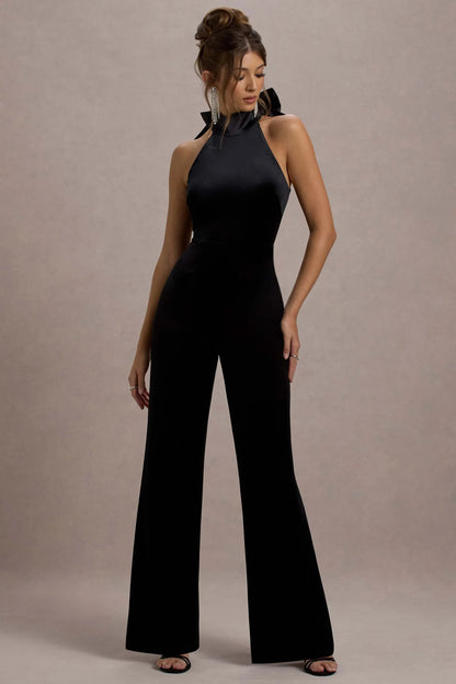 Alondra Black Velvet High Neck Straight Leg Jumpsuit