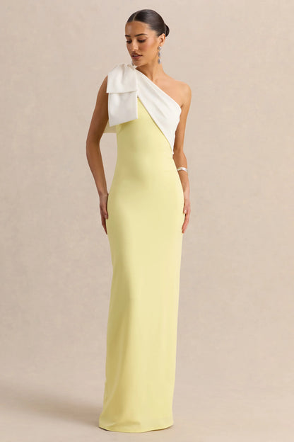 Adara Lemon White Asymmetric Neck Maxi Dress With Bow Detail