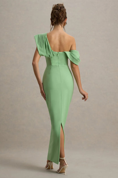 Angelina Green Draped Shoulder Maxi Dress