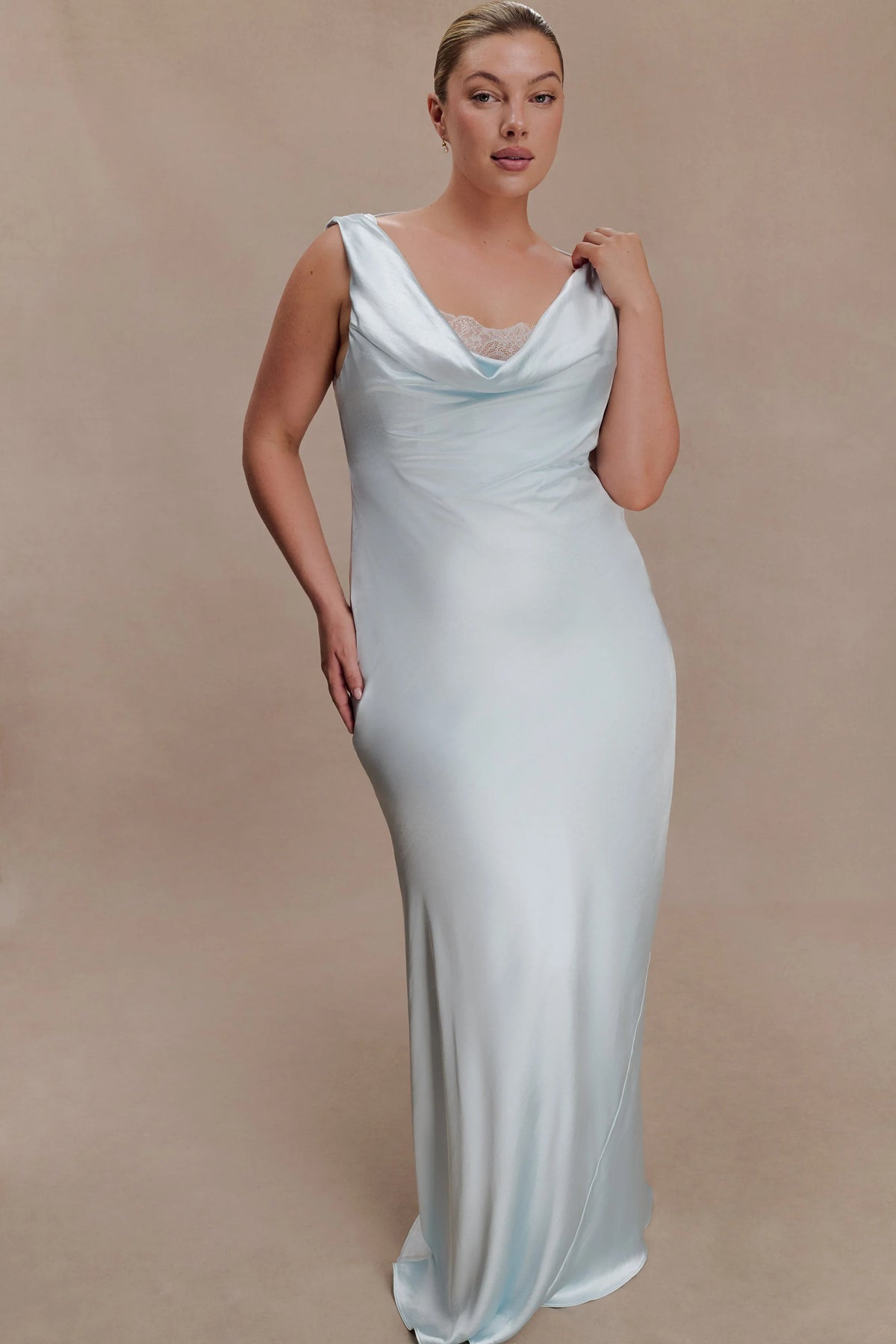 Ashley Cowl Neck Lace And Satin Maxi Dress Ice Blue