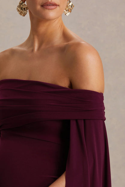 Aquila Burgundy Bardot Maternity Maxi Dress With Draped Detail