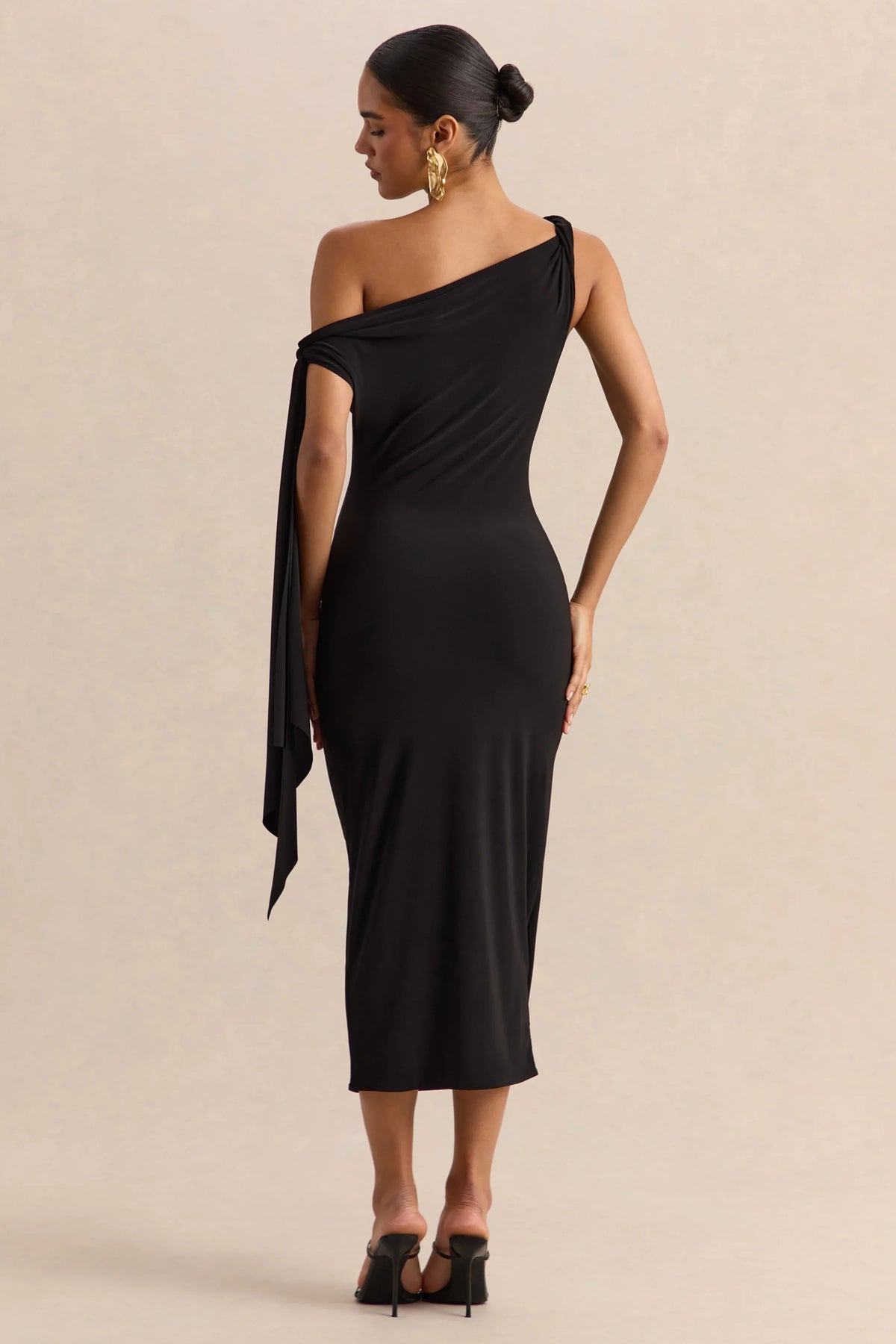 Arcelia Black Asymmetric Neck Midi Dress With Knot Sleeve Detail