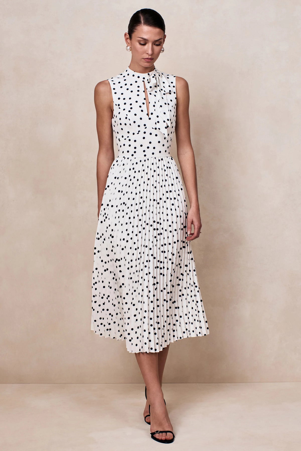 Avalon White Polka Dot Scarf Neck Midi Dress With Pleated Skirt