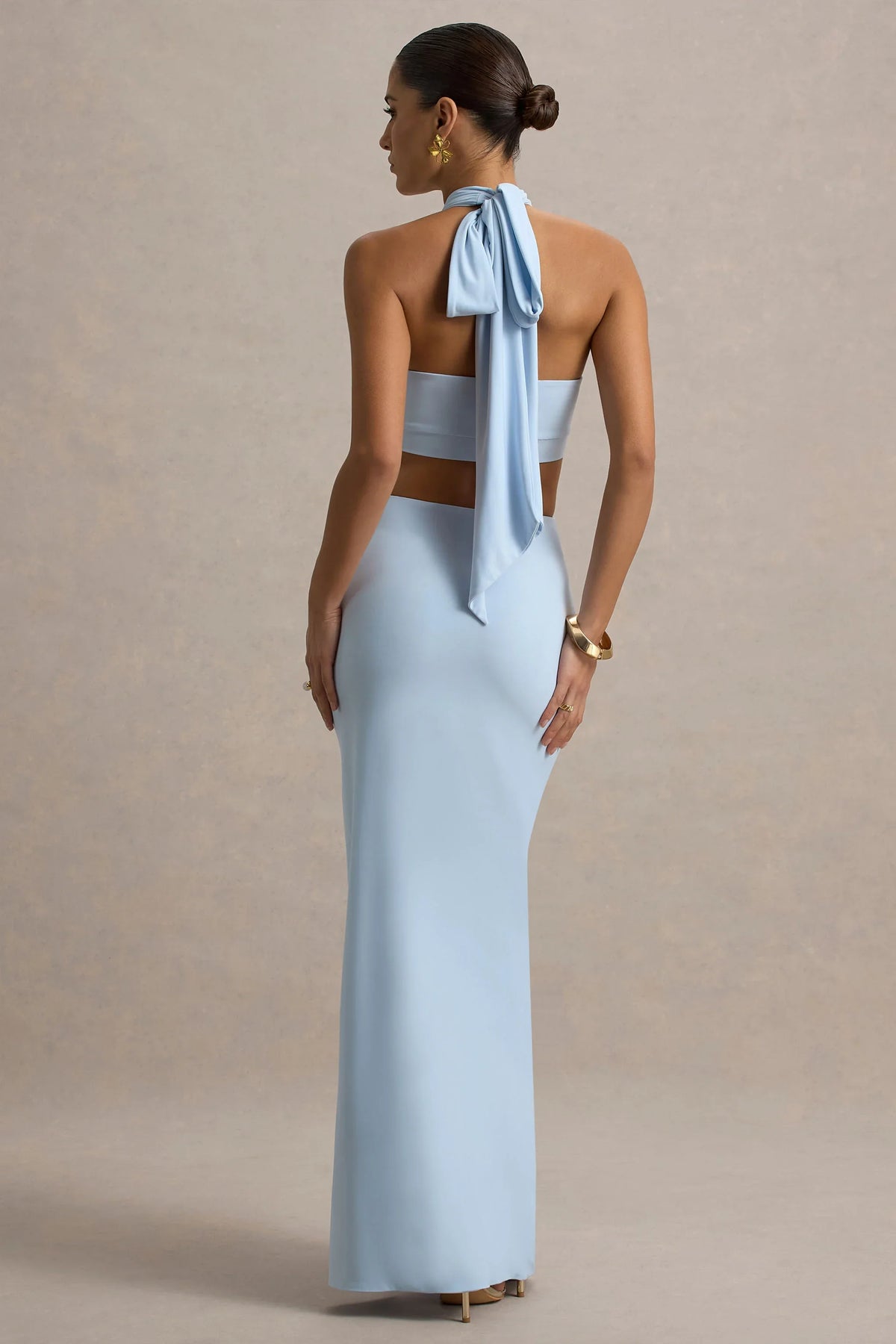Aura Powder Blue Halter Neck Cut Out Split Maxi Dress