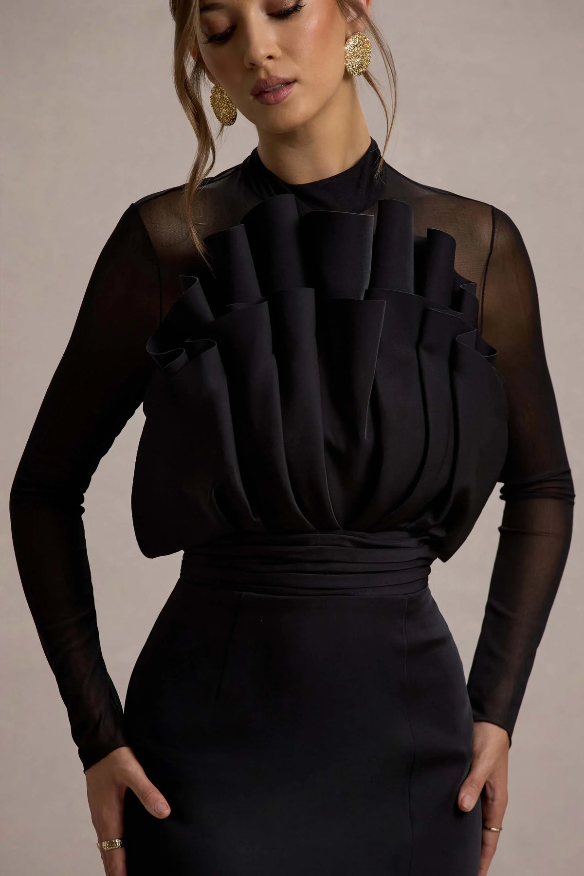 Alder Black Mesh Long Sleeve Ruffled Split Maxi Dress