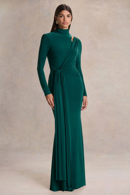 Alastrina Dark Green High Neck Maxi Dress With Gathered Detailing