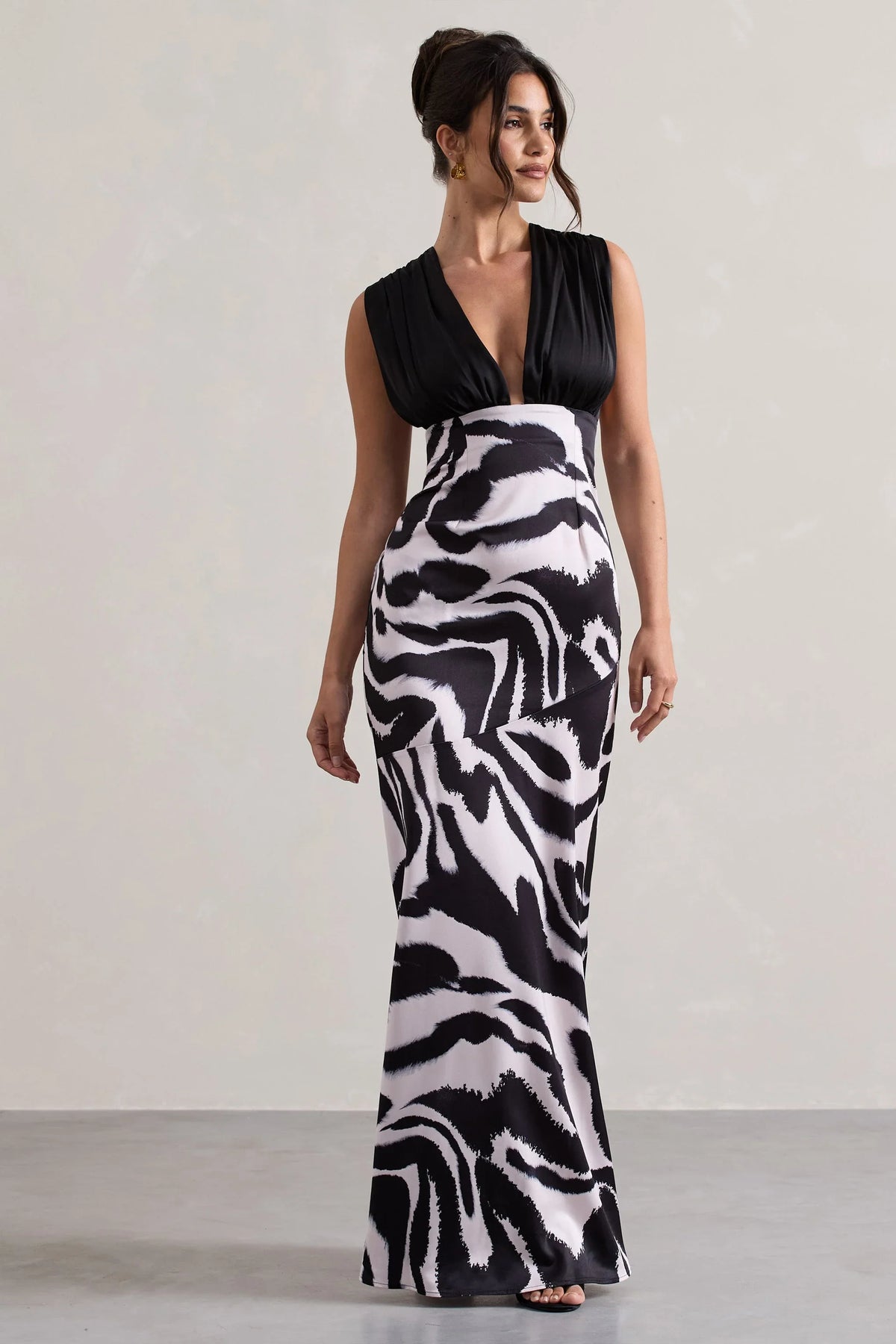 Azzara Zebra Print Satin Ruched V Neck Maxi Dress