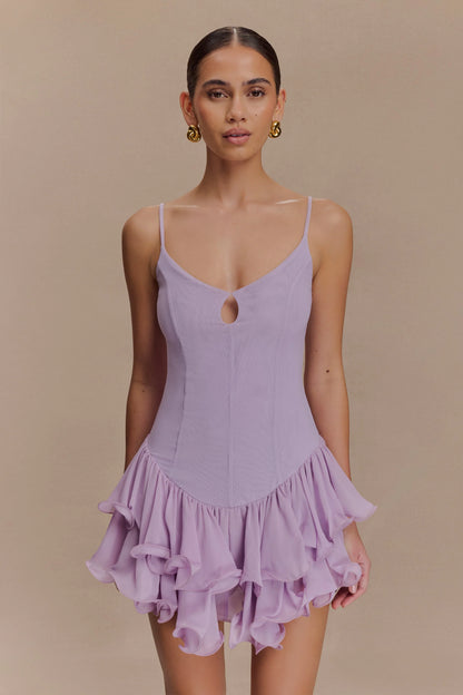 Calantha Ruffle Mesh Mini Dress Lilac