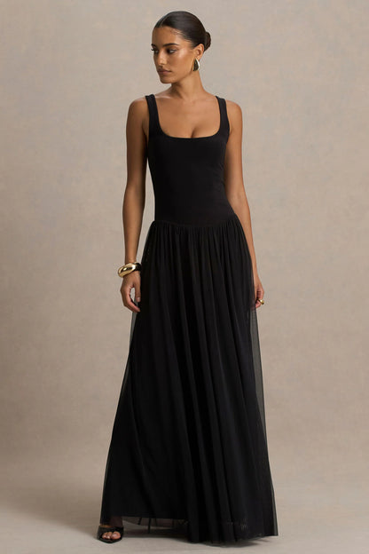 Amelia Black Scoop Neck Maxi Dress With Pleated Skirt