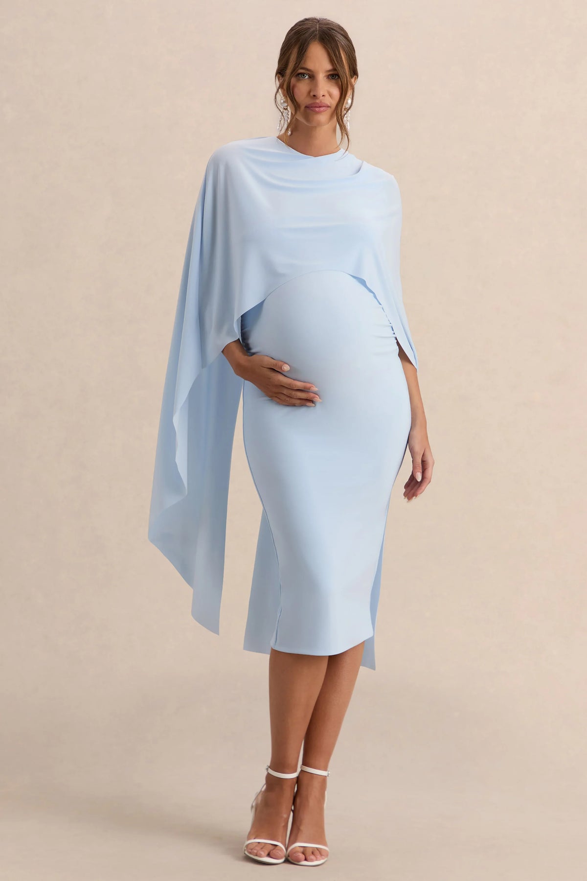 Arwen Powder Blue Round Neck Maternity Midi Dress With Cape Detail