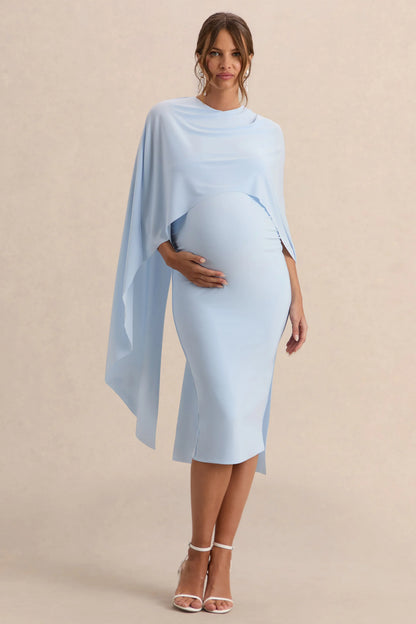 Arwen Powder Blue Round Neck Maternity Midi Dress With Cape Detail