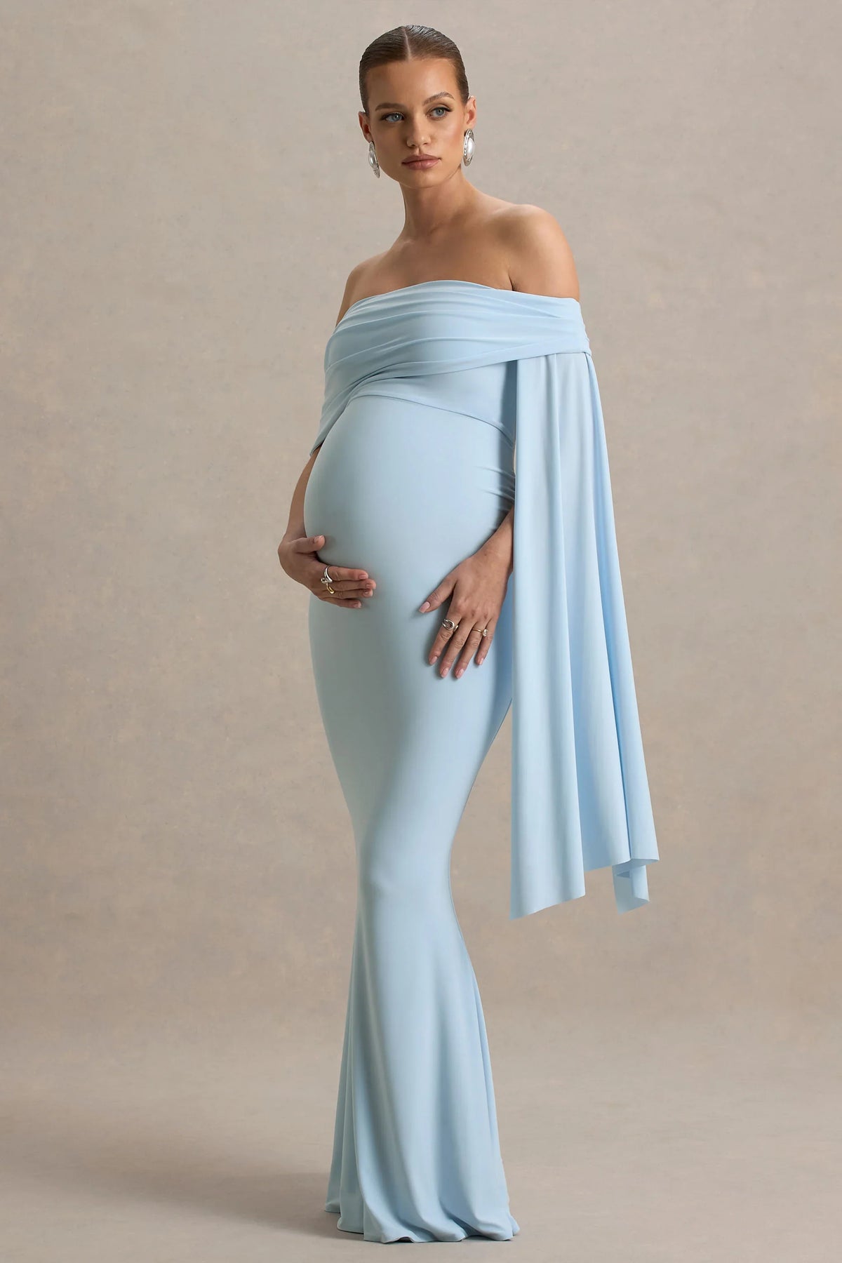 Aquila Powder Blue Bardot Maternity Maxi Dress With Draped Detail